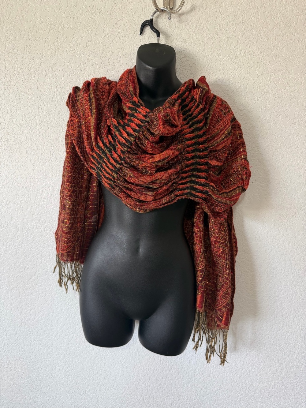 Vintage Boho pashmina Red Patterned Fringe Wrap Scarf